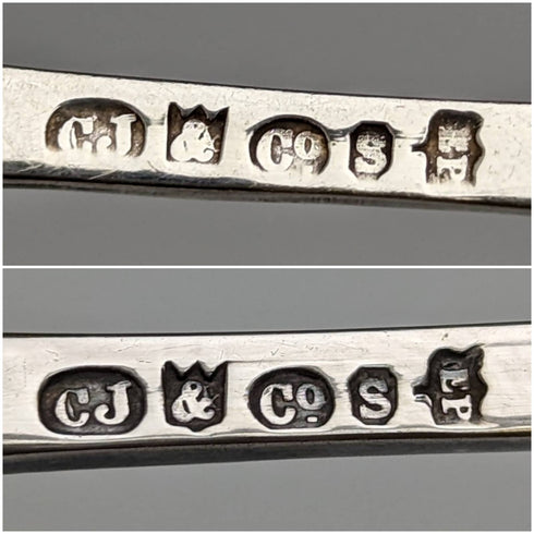 6 English antique silver plated teaspoon & tongs set in case